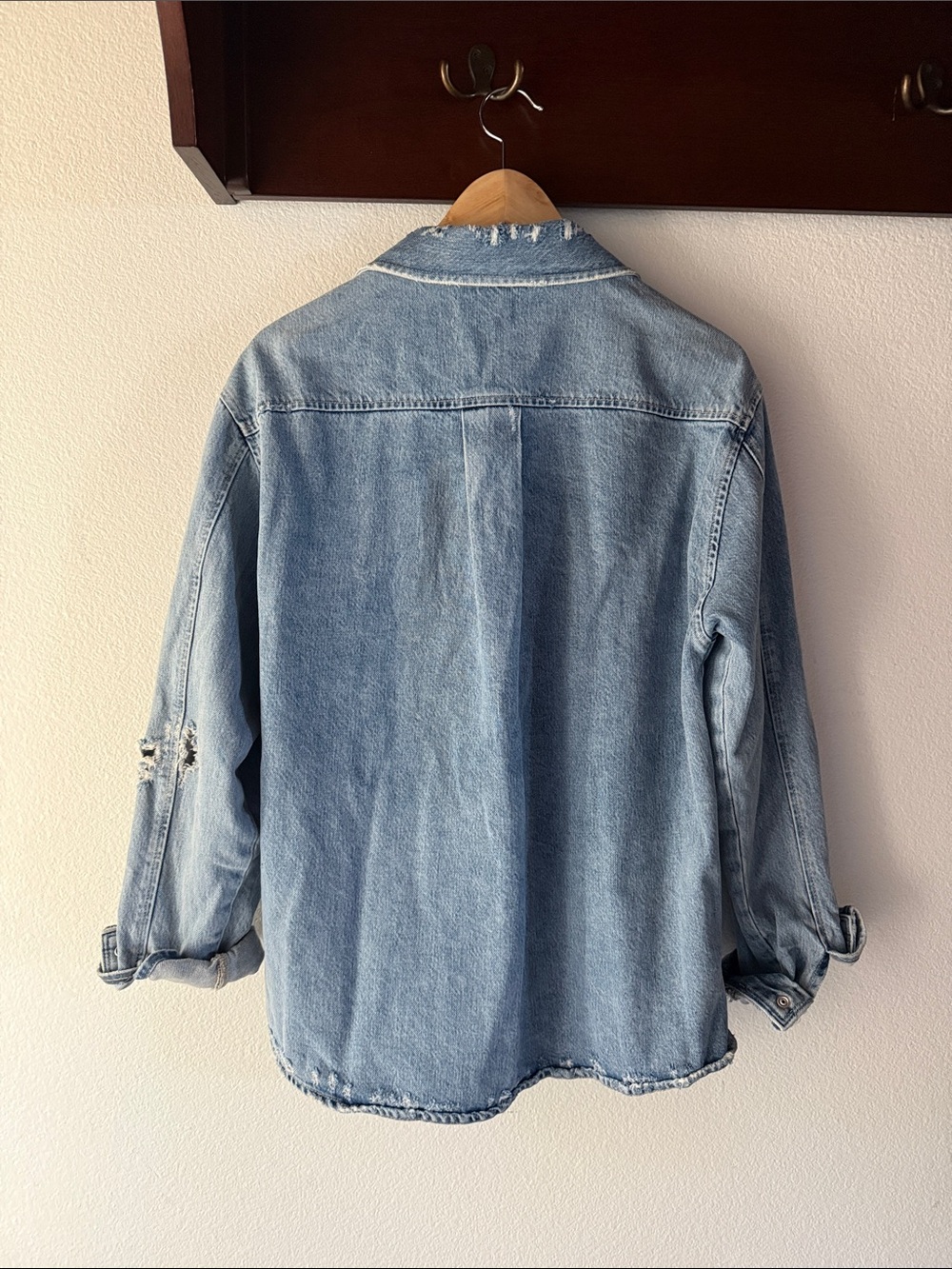 Frame Denim Light Blue Distressed Denim Shirt Jacket, Relaxed Fit, Unisex - Picture 6 of 13